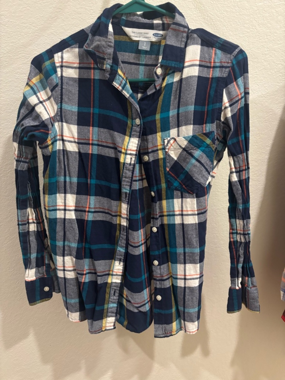 Old Navy Navy, Teal & White Plaid Button-Down Shirt